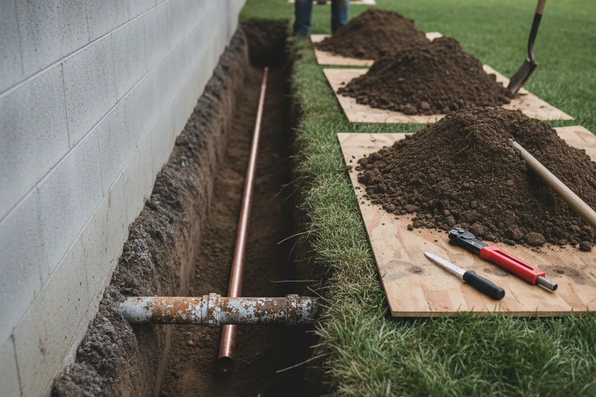 Excavated water line trench during Water Heater Repair in Oak Park